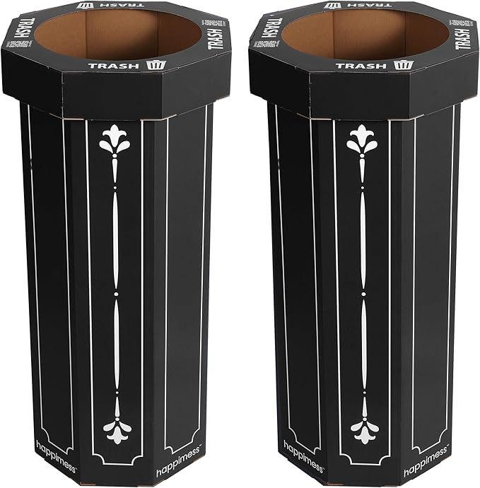 happimess Fleur 25 Gal Trash Can Bin, Bridal Black, Set of 2 | Event Recycling, Traditional Classic Disposable Corrugated Cardboard, 32" Height, 16" Width, 16" Depth