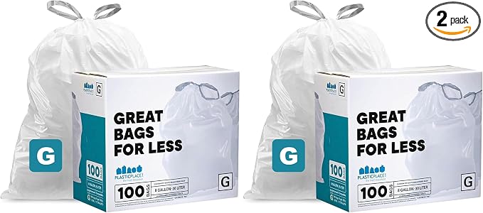 Plasticplace Custom Fit Trash Bags, Compatible with simplehuman Code G (100 Count) White Drawstring Garbage Liners 8 Gallon / 30 Liters, 17.5" x 28" (Pack of 2)