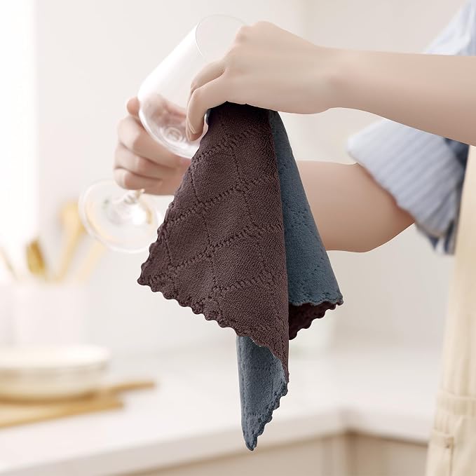 Homaxy 12 Pack Super Soft Dish Cloths, 10" x 10", Dark Grey & Brown | Coral Velvet, Nonstick Oil Fast Drying Microfiber Cleaning Cloth, No Lint Household Dishcloths