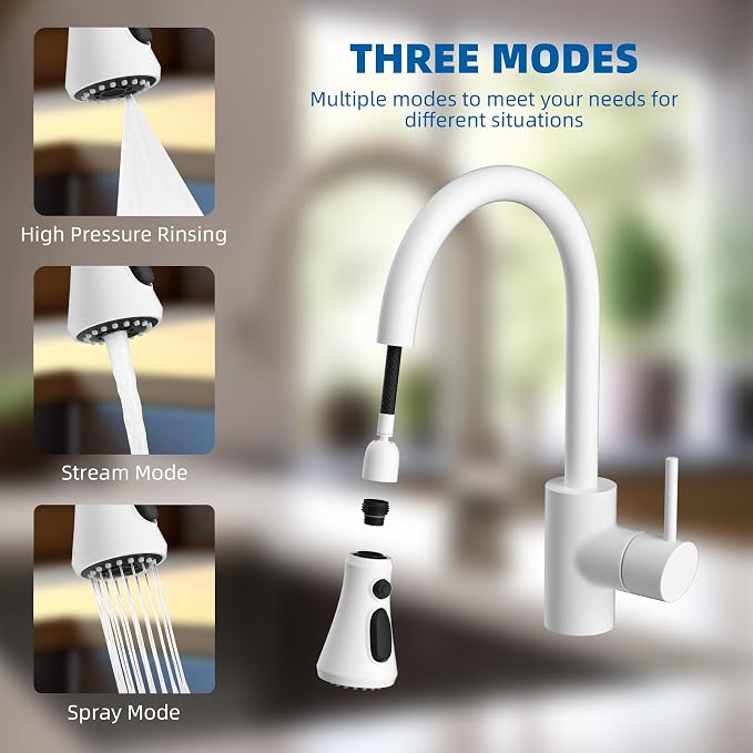 Hibbent Pull Down Spray Head for Kitchen Faucet, 3-Function Spray Nozzle | NSF/ANSI/CAN 61/372 & cUPC Certified Sink Faucet Head Replacement, 15 Adapters, Compatible with Moen, Delta, Kohler, White