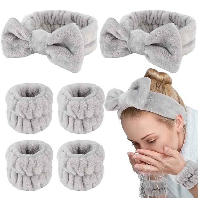 WHAVEL 6PCS Spa Headband and Wristbands Set, Face Wash Headband Wrist Bands for Washing Face Makeup Skincare Hair Band Skin Care Accessories Tools