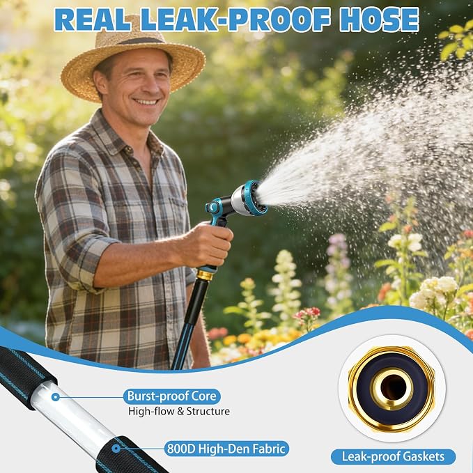 Halfjuly Garden Hose 75FT, Flat Non-Expandable Lightweight Water Hose, Durable Flexible Heavy Duty No Kink Design with 3/4" Fittings, 10 Way Spray Nozzle for Outdoor Yard Lawn