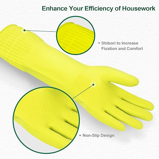 Mamison Rubber Dishwashing Gloves, Non-Slip Kitchen, Green Medium, 2 Pairs | Korean natural latex, long cuff, thick and durable, textured non-slip grip, for dishwashing and kitchen cleaning