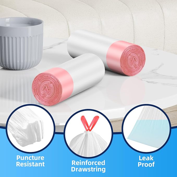KUK 1.6 Gallon Drawstring Trash Bags - 60 Count White Small Garbage Bags, Unscented Strong Plastic Waste Basket Liners for Home/Office/Car, Fits 4.5-8 Liter Bins, 6 Rolls with Tear-Free Design