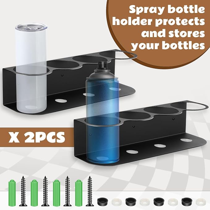 Therwen 2 Pcs 4 Holes All Purpose Steel Spray Bottle Holder Heavy Duty Can Holder Rack Organizer Easy Install Wall Mount Paint Spray Bottle Organizer Storage Rack for Garage Home Workspace(Black)