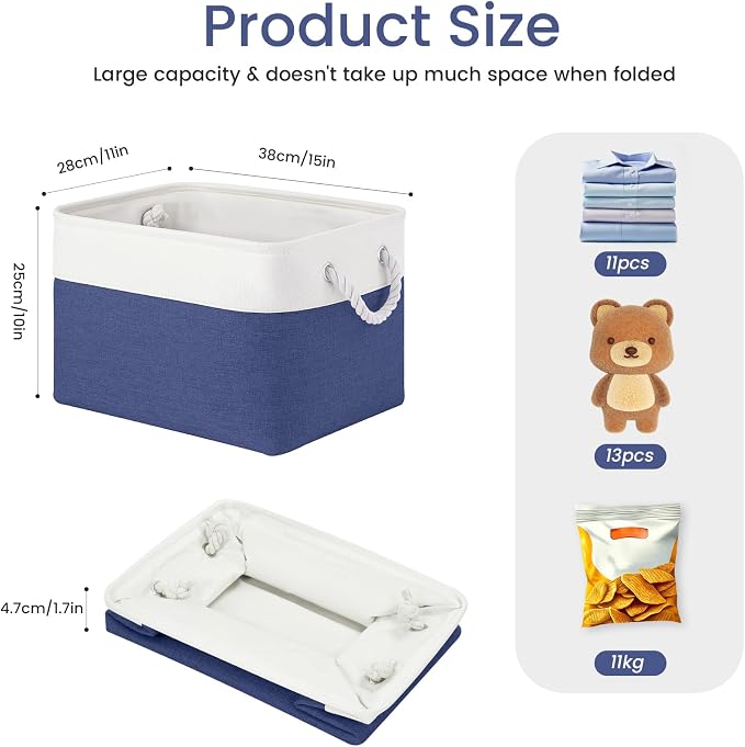 15x11x10 In Foldable Fabric Large Storage Bins with Handle 3 Pack | Organizer Baskets, Sturdy Metal Strand, Cardboard Support Molding, Storage Baskets for Shelves, Closet, Bedroom, White/Blue