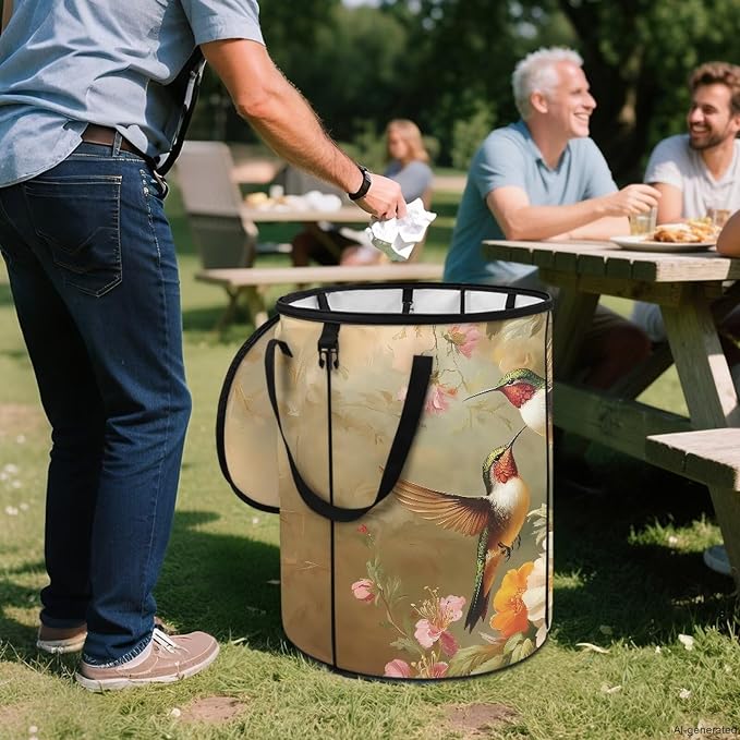 Hummingbird 24Gal Collapsible Trash Can Camo Waterproof Pop-Up Bin w/Lid for Camping & Backyard | Leakproof Yard Waste Bag