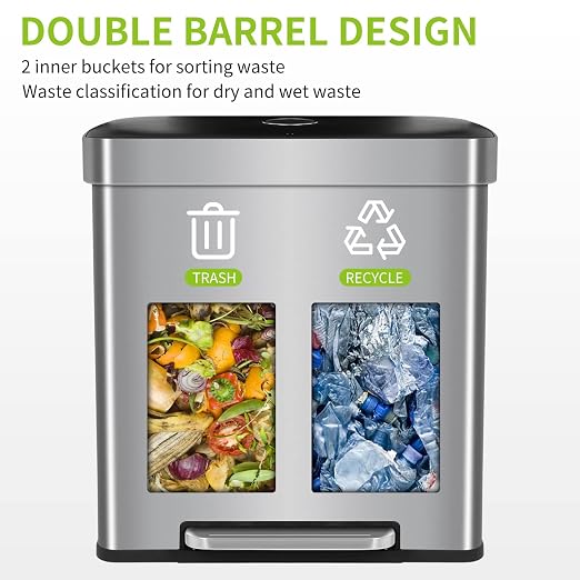 Kitchen Trash can Brushed Stainless Steel Dual Trash can 2 x 8 Gal Garbage Can Kitchen Step Trash Can with Soft-Close Lid Mute Designed Trash Bin for Office, Silver