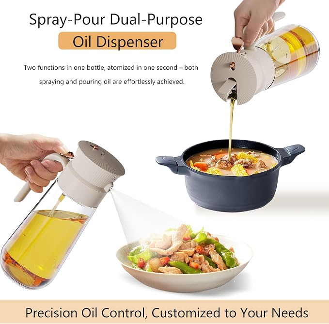 19.6 oz 2 in 1 Glass Olive Oil Sprayer for Cooking | Leak-Proof Oil Dispenser for Kitchen, Food-Grade Spray and Pour Bottle Air Fryer, BBQ, Salad, Baking - White