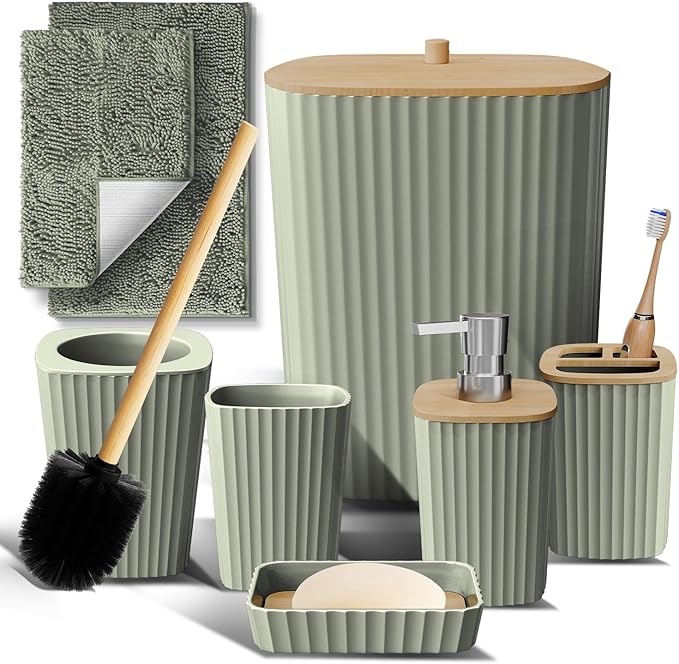 Clara Clark Bathroom Set - Sage Green Bathroom Accessories Set, 6PC Bathroom Accessory Set, Bathroom Sets with Bathroom Rugs, Toilet Brush, Trash Can & Soap Dispenser