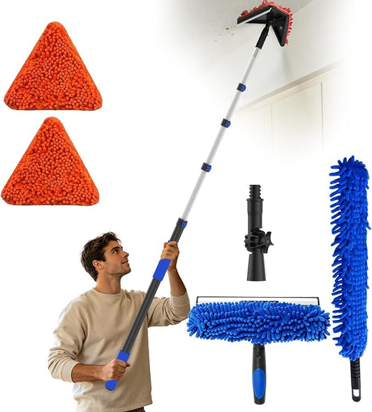 AgiiMan 10FT Reach Duster Cleaner Kit with 1.1-4.4FT Extension Pole, Window Squeegee and Duster Kit, Triangle Baseboard Cleaner Tool for Windows, Glass , Flooring and Walls