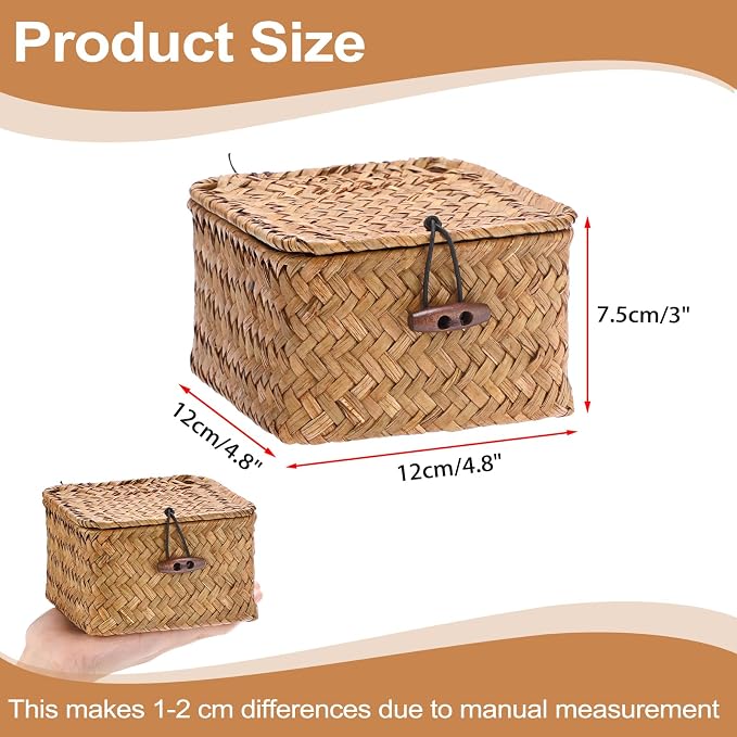 Hipiwe Handwoven Seagrass Basket Decorative Shelf Basket with Lid Mini Square Wicker Storage Box, Caramel Color, 4.7" x 4.7" x 3"