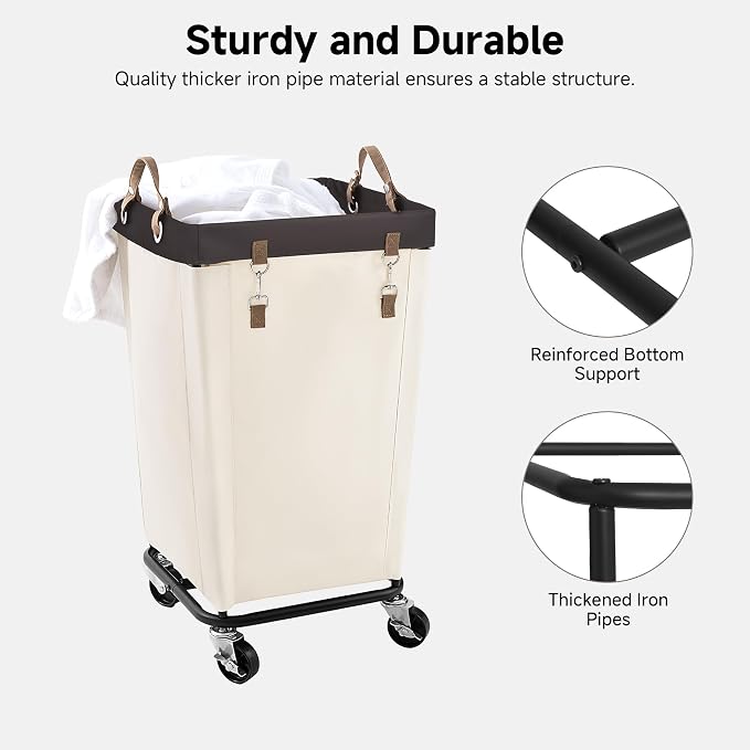 StorageWorks 110L Laundry Basket with Wheels, Rolling Hampers for Clothing | Beige Laundry Basket with Wheels, Metal Frame & Handles, Rolling Hamper for Bedroom, Bathroom, Dorm, Hotel