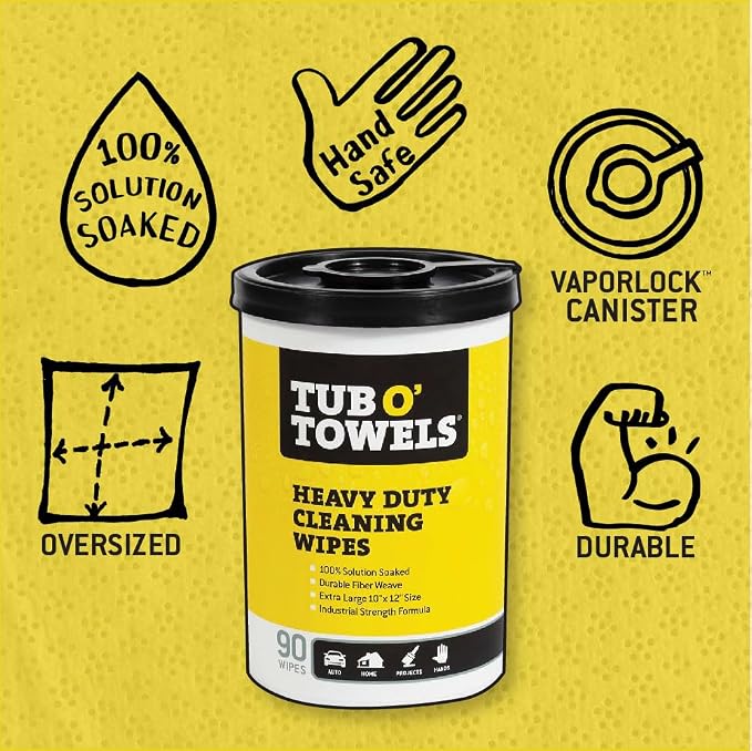 Tub O' Towels Heavy-Duty Multi-Surface Cleaning Wipes, 10" x 12", 90 Count Canister, Removes Grease, Grime, Tough Stains, Durable Disposable Wipes for Home, Garage, Outdoor Cleaning Tasks, 2-Pack
