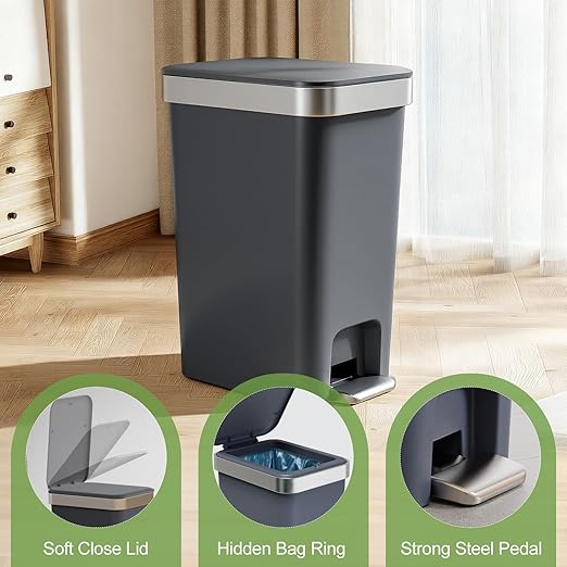 2 Pack Bathroom Trash Can with Lid 2.6 Gallon,Small Step Trash Can | Plastic Garbage Can with Press Top Bin & Foot Pedal Trash Bin, Mini Waste Basket for Bedroom,Home Offices,Dorm,RV(Black Gray)