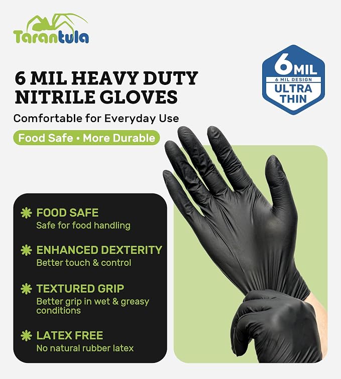 6-mil Disposable Nitrile Gloves, Black, X-Large, Food-Safe & Powder-Free | Latex-Free, Non-Sterile, Heavy-Duty, Textured Fingertips for Cooking & Cleaning