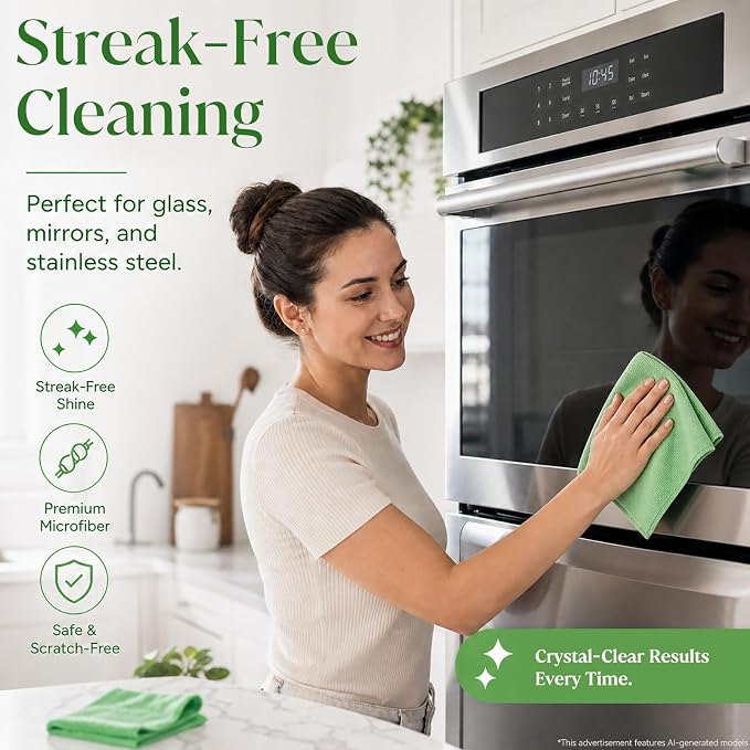 Microfiber Cleaning Cloths, Ultra-Soft and Highly Absorbent, Streak-Free, Lint-Free, Scratch-Free, Washable, for Car Detailing and Glass Cleaning,12" x 12", Green/Blue/Pink, 12-Pack