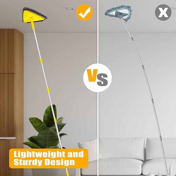 JEHONN Wall Mop with Long Handle 80 Inches, Upgraded 180° Collapsible Baseboard Cleaner Tool with Squeegee, Ceiling Duster with 3 Microfiber and 3 Chenille Pads for Cleaning Window, Cabinet (Yellow)
