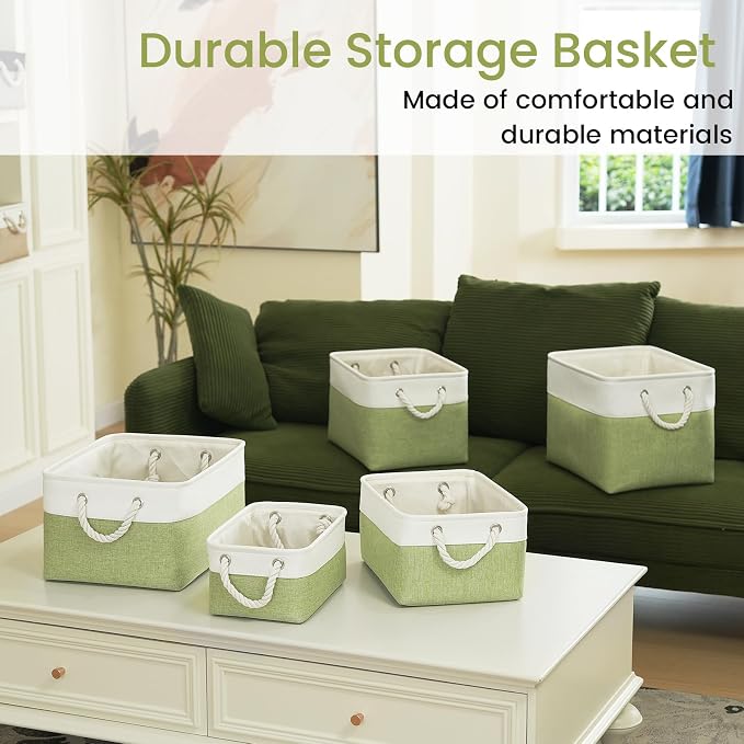 15x11x10 In Foldable Fabric Large Storage Bins with Handle 3 Pack | Organizer Baskets, Sturdy Metal Strand, Cardboard Support Molding, Storage Baskets for Shelves, Closet, Bedroom, White/Green