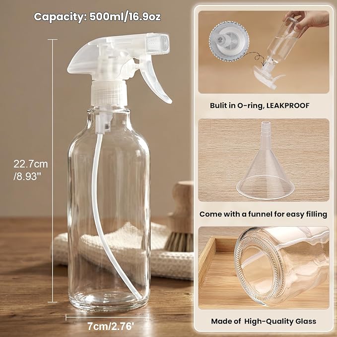 16.9oz Glass Spray Bottles 2 Pack, 360 Any-Angle Spraying | Refillable Spray Bottles with Adjustable Nozzle, Leakproof for Cleaning, Essential Oils, Plants, Hair Care