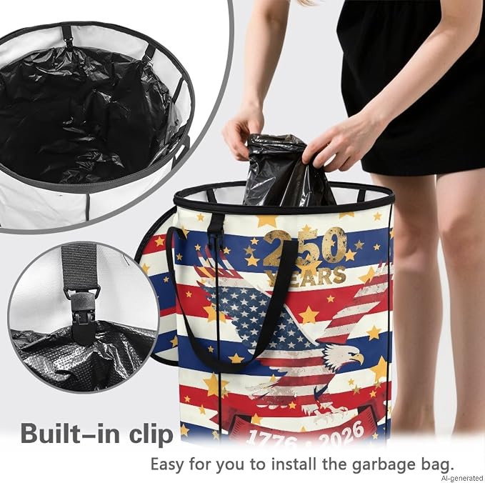 American Eagle Collapsible Trash Can for Outdoor 24 Gallon Foldable Garbage Bin with Lid, Heavy Duty Waterproof Trash Bag Holder for Camping, RV Travel, 4th of July Decor,