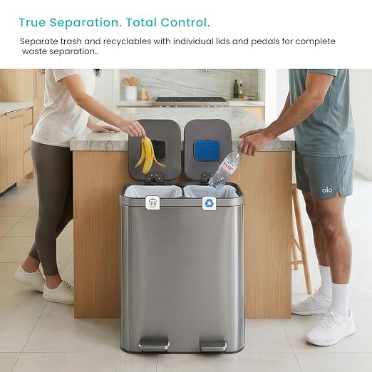 Home Zone Living 13 Gallon Kitchen Trash Can with Dual Compartments | Stainless Steel with Soft-Close Step Pedal Lids for Recycling and Bag Storage Drawer, Rectangular Design, Silver