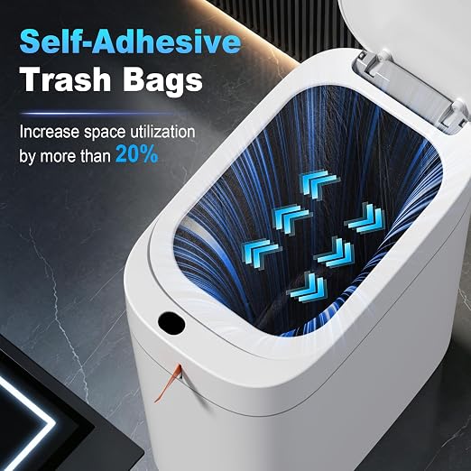 MOPUP Bathroom Trash Can,Includes 180 Drawstring Trash Bags. | Automatic Bagging Garbage Can, 3.5 Gallon Slim Smart Small Plastic Trash Bin, Motion Sensor Trash Can for Office, White