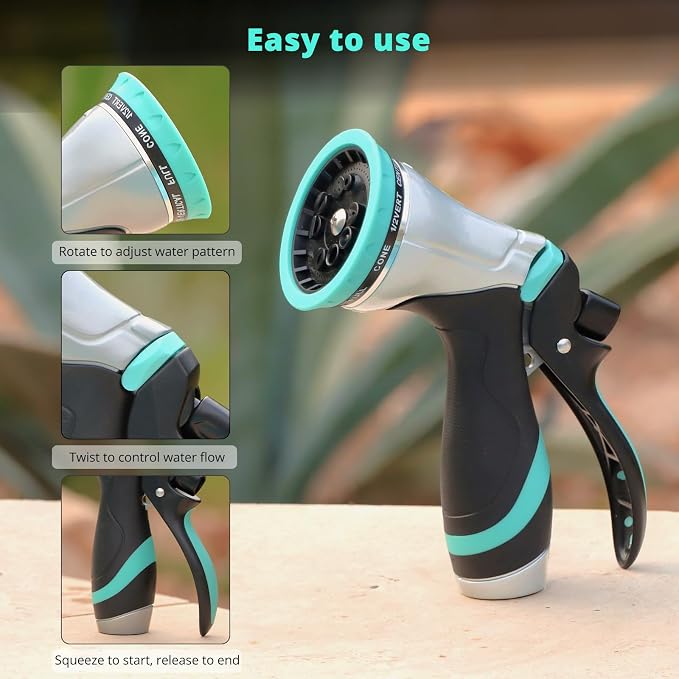 QUOBAS Metal Garden Hose Nozzle, Heavy Duty Water Hose Sprayer, Leak Proof | 10 Pattern Water Nozzle with Rubber Gasket, Garden Sprayer for Watering Plants, Washing Cars, Pet Shower, Blue, 2-Pack