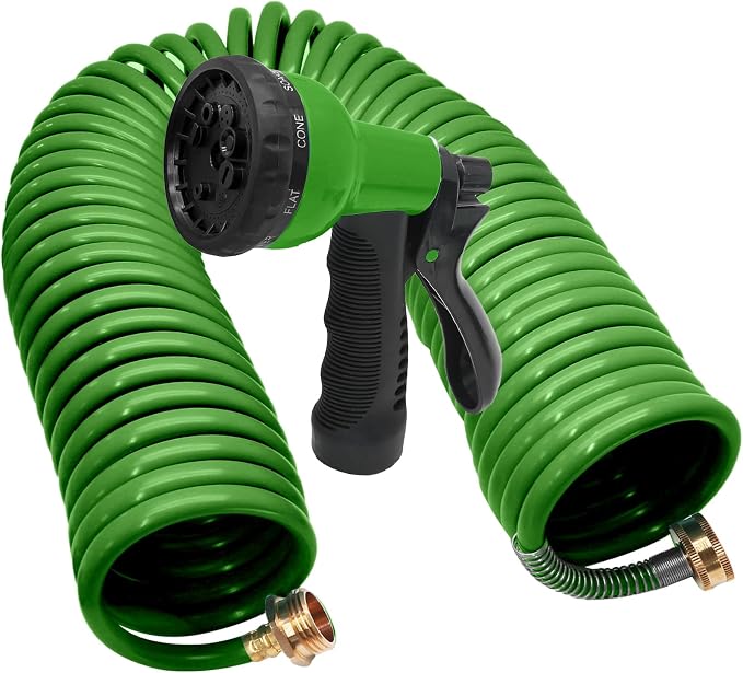 50ft Garden Hose, EVA Curly Water Retractable | Brass Connectors, 8-Pattern Function Sprayer, Corrosion Resistant Coil, For Gardening Homeowners