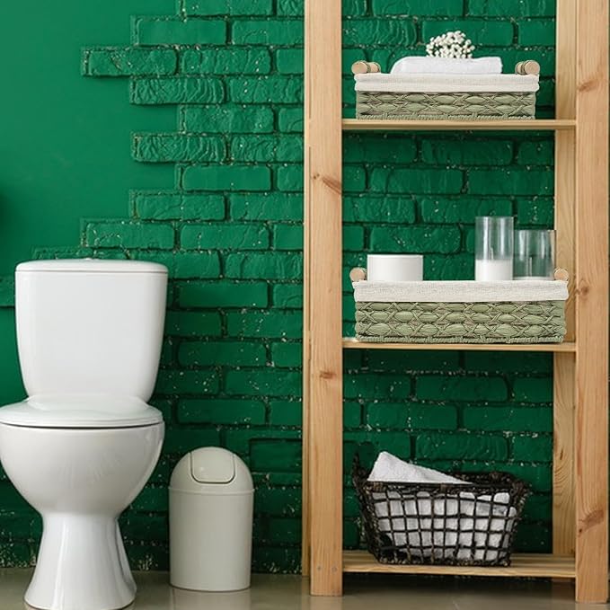Storage Basket Wicker Baskets for Organizing with Handle Decorative Storage Bins for Countertop Toilet Paper Storage Basket for Toilet Tank Top Small Baskets Set (Set of 2,Green) | Toilet Paper Storage Basket for Bathroom Bedroom Home Farmhouse Decor,S...