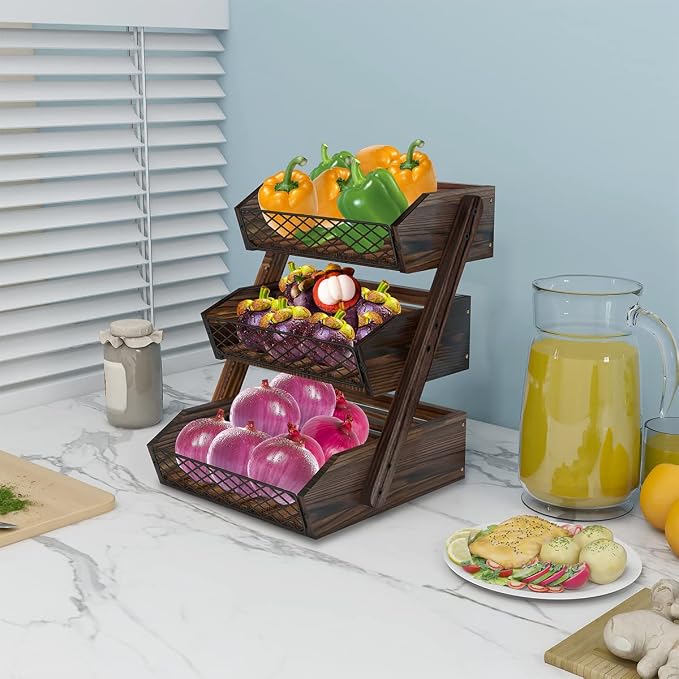 Dorhors Fruit Basket for Kitchen Counter Organizer,Fruit Bowl Stand Storage | 3 tier Rustic Brown Vegetable Holder,Wood Bread Display Rack,Kitchen Countertop Organizer Shelf for Snack,Onion,Banana,Potato