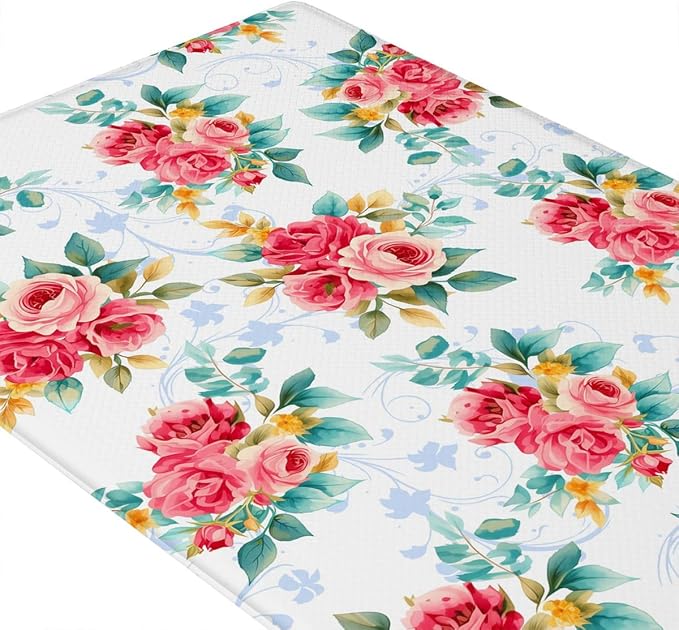Feelyou Red Floral Kitchen Rugs Sets 2PCS Romantic Rose Flowers Kitchen Mats for Floor Blue White Plaid Reversible Patchwork Cushioned Anti Fatigue Waterproof Non-Slip Rugs Accessories