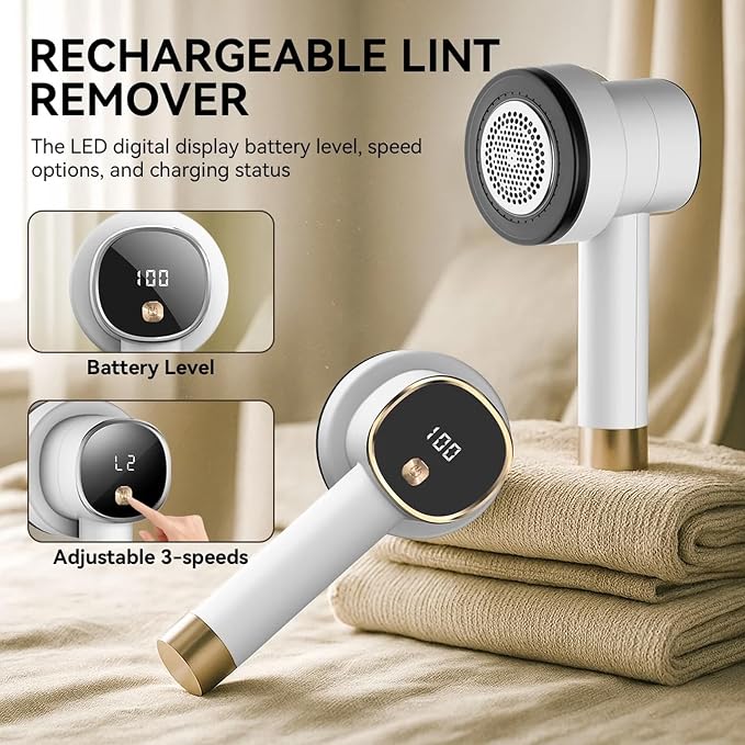 Rechargeable Fabric Shaver, 6-Leaf Blades, LED Display, 3 Speeds | Portable Lint Remover Easy to Remove Pilling, Fuzz & Lint Balls from Clothes, Sweater, Couch, Blanket, Furniture, Coat, White