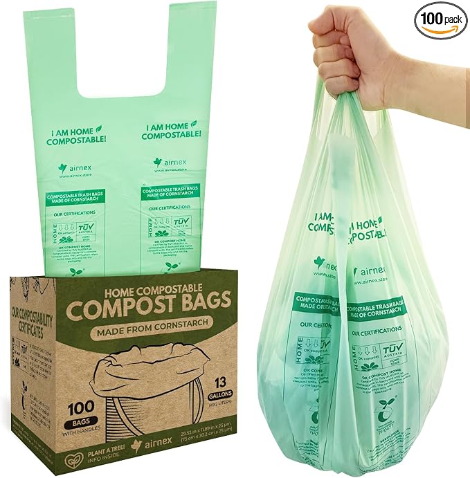 AIRNEX Compostable Kitchen Trash Bags 13 Gal - Cornstrarch Leakproof & Tear Resistant 100 Compost Bags - OK Compost Home & Seedling Certified 0.25 mm Kitchen Garbage Bags