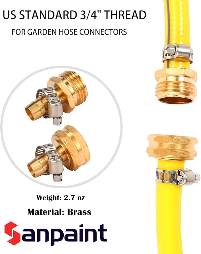 Brass Garden Hose Connector Repair Mender Kit, Fits 1/2" Water Hose Fitting | 1 Set, 1/2" Barb x 3/4" GHT, with Stainless Clamp