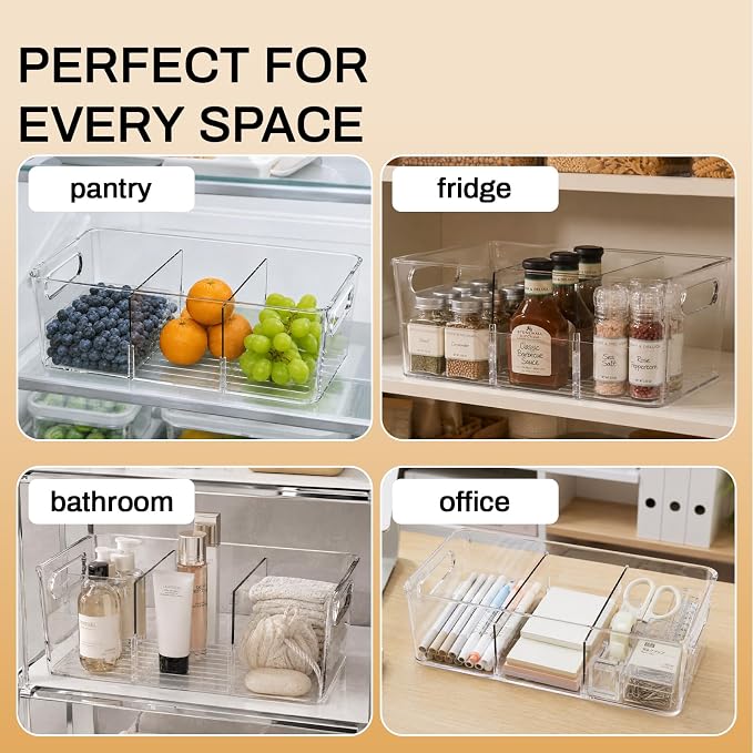 Mpotmiy 6-Pack Pantry Organizers and Storage, Clear Fridge Organizer Bins | Clear stackable plastic bins with removable dividers for packets, snacks, pouches and spices in pantry, fridge or freezer.
