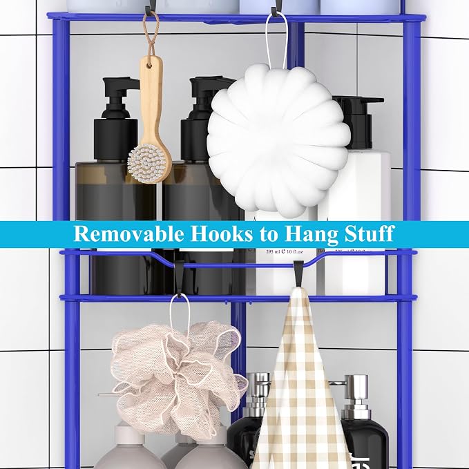 HuggieGems Metal Floor Standing Corner Shower Caddy, Dark Blue, 4 Tier | Adhesive Bathroom Organizer Shelves, Free Standing Shower Rack with Hooks, Hold Large Shampoo Bottles