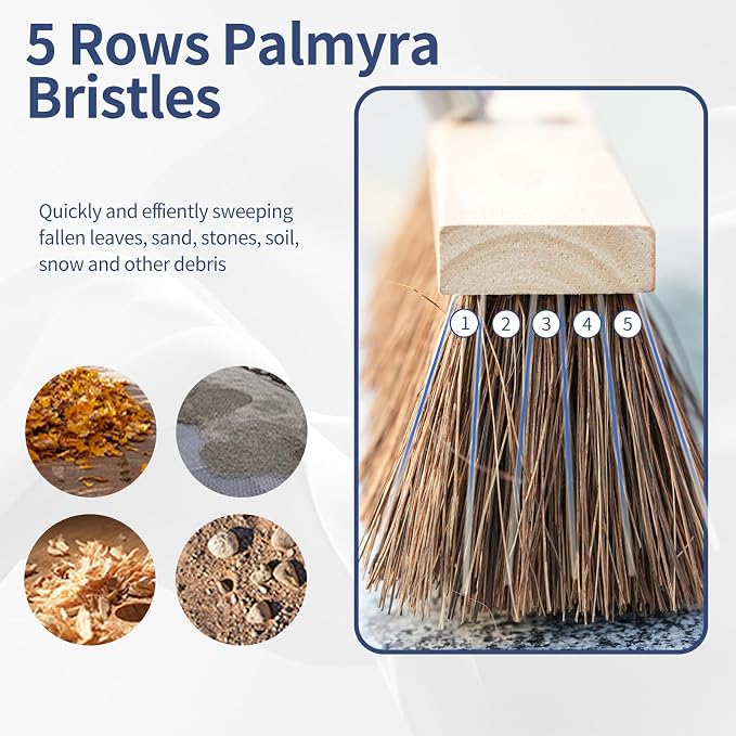 Heavy Duty 18" Push Broom with 65" Long Handle for Outdoor and Commercial | Large Wide Shop Broom, Stiff Palmyra Bristle Outside Broom Brush for Sweeping Concrete Floor, Garage, Patio, Yard, Lawn