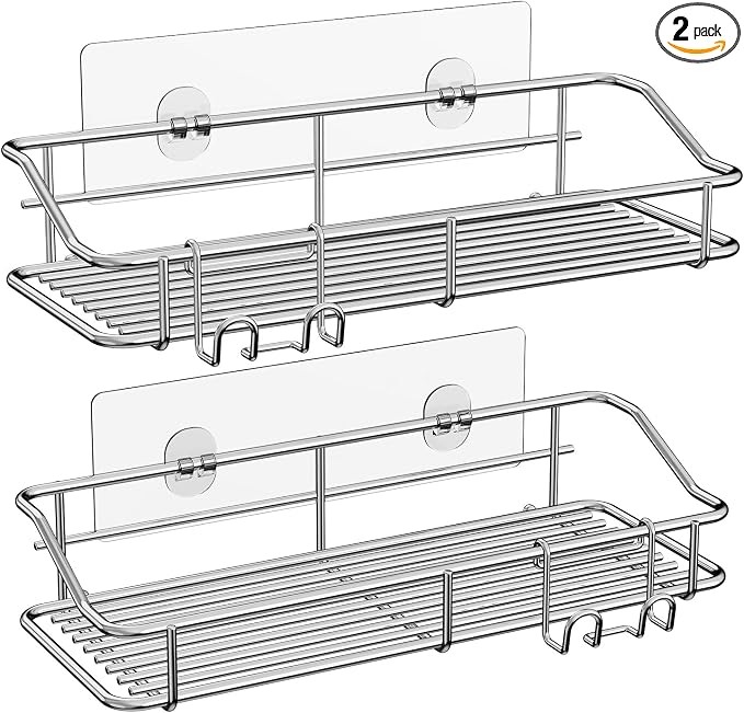 Nieifi Shower Caddy Adhesive, Shower Shelves, Shampoo Holder for Bathroom | Stainless steel, 2 pack, shower rack, shower organization, with hooks, rustproof, no drilling, razor holder, silver