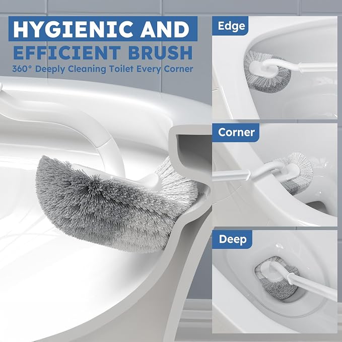 Toilet Brush, 2 Pack Toilet Brush and Holder Set with Durable Curved BristlesToilet Scrubber, Toilet Bowl Brush with Extra Long Handle,Toilet Cleaner with Caddy for Bathroom Deep Cleaning (2, White)
