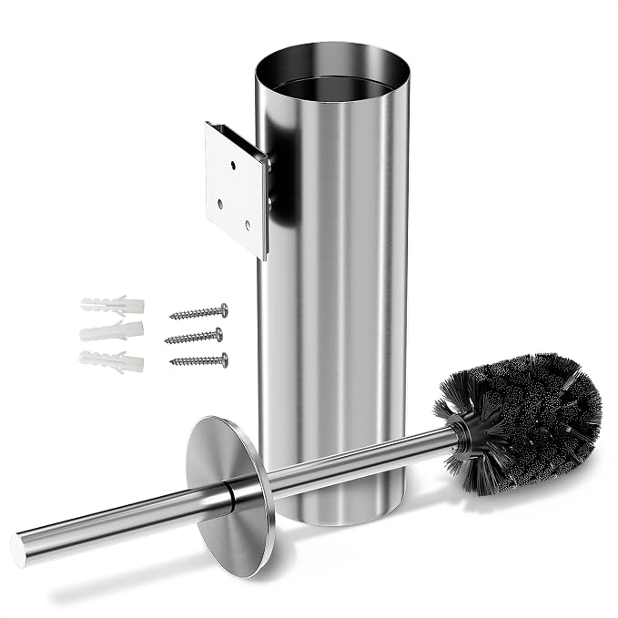 Wall-Mounted Toilet Brush and Holder Set, Stainless Steel (Silver) | Stainless Steel Toilet Brush and Holder Set, Removable Inner Bowl, Dense Bristles, Rustproof, for Modern Bathroom Walls
