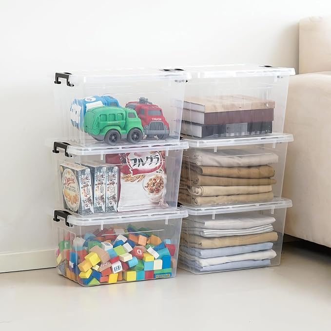 Citylife 22 Quart Clear Plastic Storage Bins with Lids 6-Pack | Stackable See-Through Craft Storage Box Latches Durable Containers Secure Pull Handle Organizing for Home Kitchen Pantry