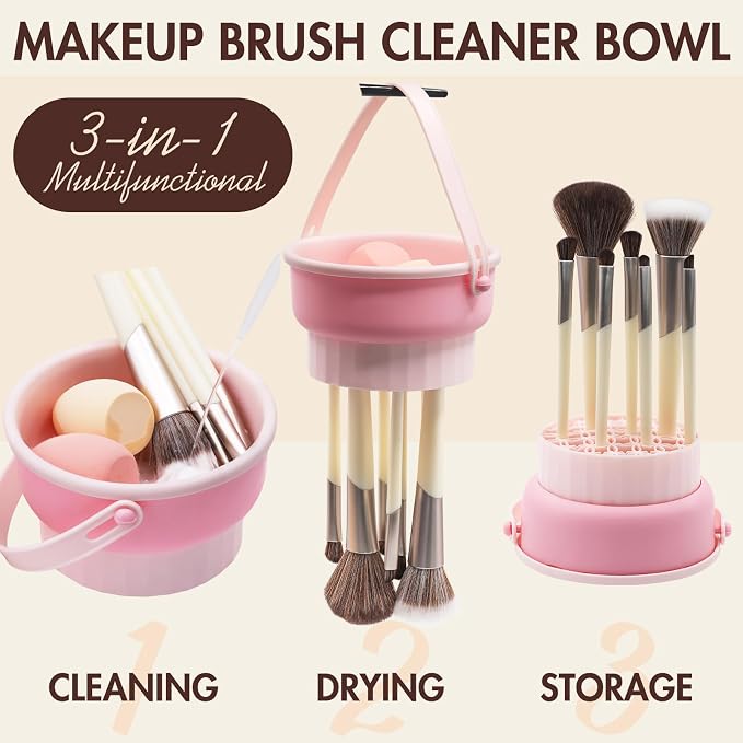 Makeup Brush Cleaner Mat, Brush Cleaner Bowl For Deep Cleaning Tools, 3 in 1 Cleaning Tool Makeup Organizer Storage for Brushes, Powder Puffs, and Sponges(Pink)