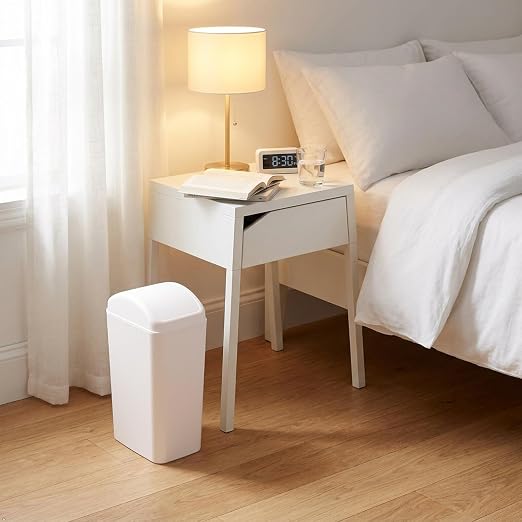 White Plastic Trash Bin with Lid, 3.5 Gallon Swing-Top Trash Can | Slim Garage Can with Swing Top Lid, 12 L Capacity, for Bedroom, Restroom, Bathroom