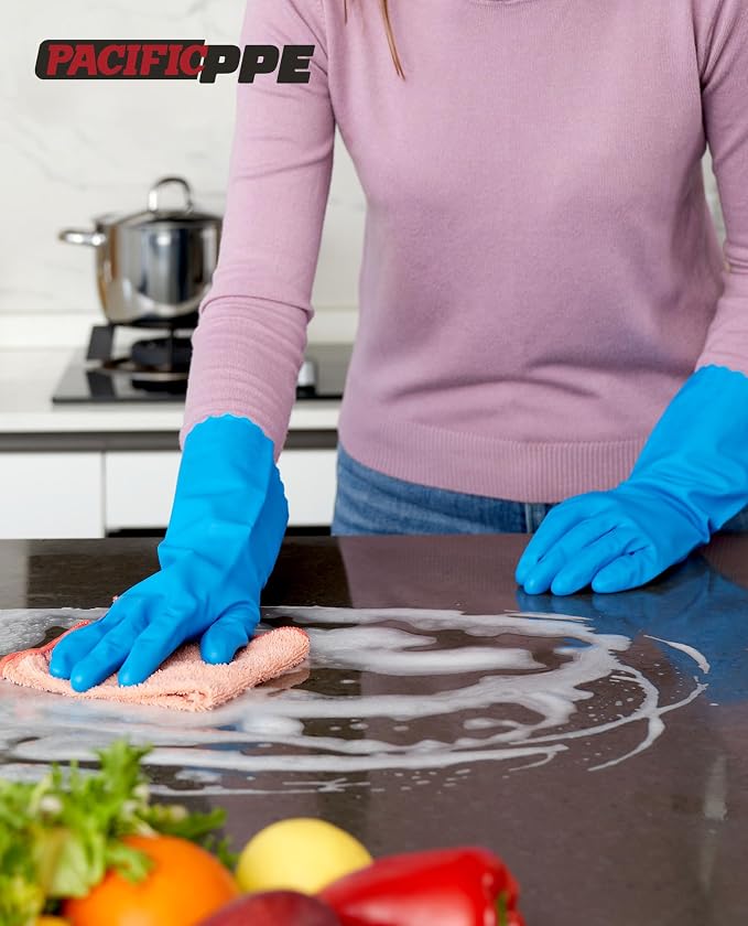4 Pairs Dishwashing Gloves, Cotton Flocked Liner, Blue, Medium | Waterproof dishwashing gloves with non-slip grip, soft cotton lining, flexible fit for kitchen, bathroom, laundry & cleaning