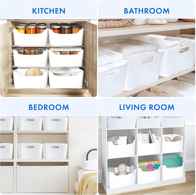 FINESSY White Plastic Storage Bins for Pantry with Handle 2 Pack White Bins | Open Plastic Storage Bins, No Lid To Lift. Shatter-Proof Plastic, 13.4x9.4x5.7 Inches. Great For Craft and Office Supplies.