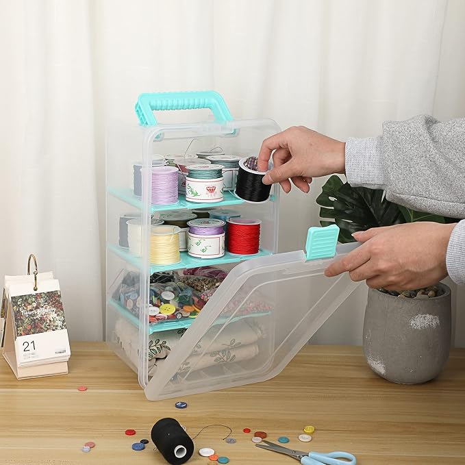 BTSKY Clear Plastic Dividing Storage Box with 4 Deep Compartment Sewing Box | 13.9x7.9x6.2 Inches Adjustable Storage Bin with Lid Portable Craft Storage Container Multipurpose Art Supply Organizer Blue