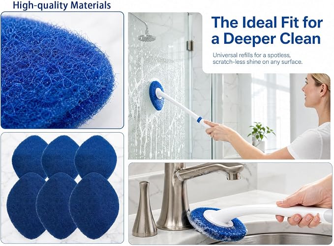 6 Pack – Non-Scratch Replacement Pads for Tub & Tile Scrubber,Durable Blue Brush Heads,Shower Scrubber Refill Pads Compatible – for Bathroom & Toilet Wall Floor Cleaning（Blue）
