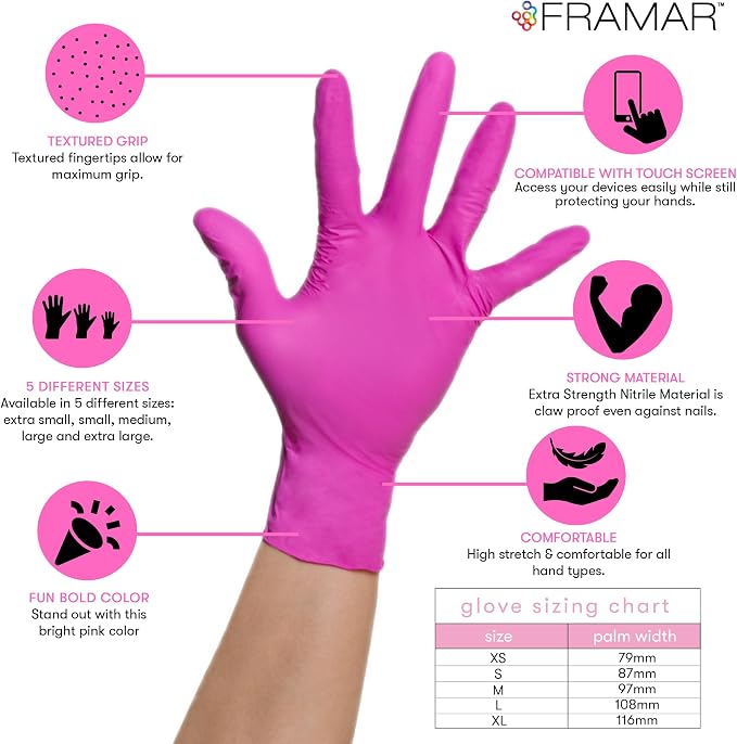 FRAMAR Pink Gloves Disposable Latex Free XS, Pink Nitrile Gloves XS | Salon Nitrile Glove For Hair Dye, Cleaning, Tattoo, Food Prep, Non Latex Rubber, Extra Durable, 100 Pack2