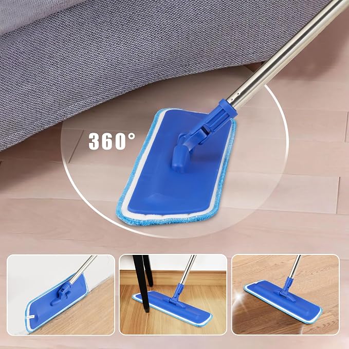 17.5" Professional Microfiber Floor Cleaning Mop, Flat Mop with Stainless Steel Handle, 2 Reusable Washable Pads, Wet and Dust Mopping for Hardwood, Vinyl, Laminate, Tile Cleaning (Blue)